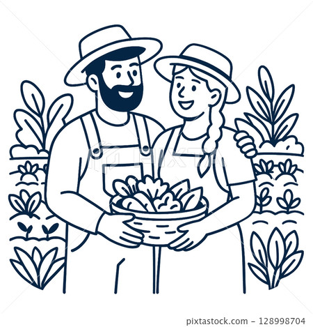Happy couple holding basket of fresh vegetables in gardenline art illustration 128998704