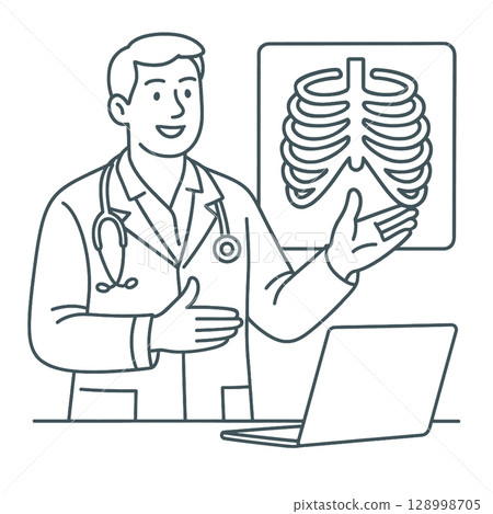 Doctor explaining ribcage diagram while using laptop.line art illustration 128998705