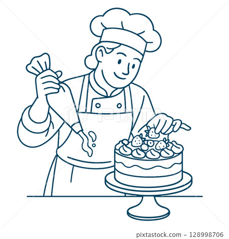 Chef decorates cake with frosting and strawberries, showcasing skillline art illustration 128998706