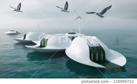 curved marine power structures with algae features in calm ocean waters for use in green innovation and energy infographics 128998722