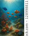 珊瑚和藍色的大海和魚 128998811