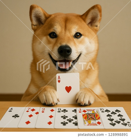柴犬玩紙牌遊戲 128998891