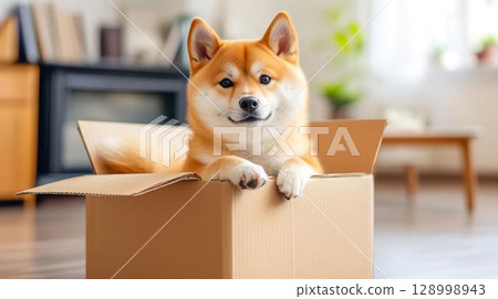 A baby Shiba Inu being held up and looking up at the sky 128998943