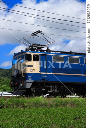 The Oigawa Railway E31-type Blue Train Express runs leisurely through the Shizuoka specialty tea fields. Photographed on July 20, 2025 128998959