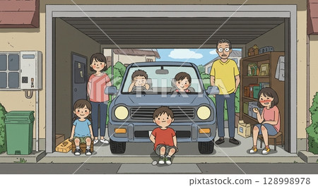 節日樂趣!一家人在車庫保養汽車 節日樂趣!一家人在車庫保養汽車 128998978