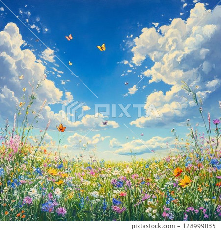 Cosmos field and blue sky 128999035