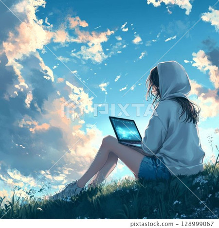 一位女士在藍天下使用電腦 一位女士在藍天下使用電腦 128999067