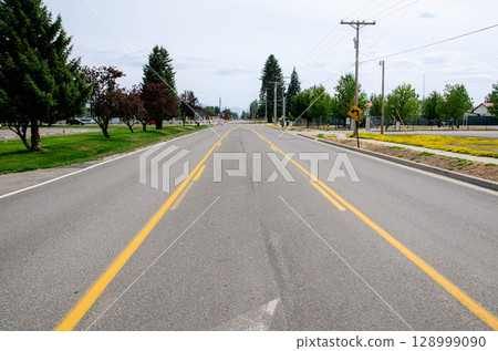 Empty Road with Trees and Yellow Road Lines 128999090