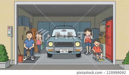 祝你假期愉快！車庫裡一家人圍著心愛的車，笑容滿面。 128999092