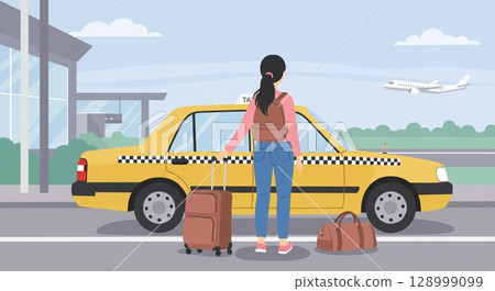 舒適的旅行！一家人搭乘計程車前往旅遊景點 128999099