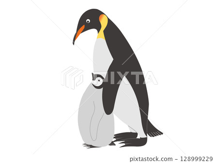Illustration of emperor penguins and their children cuddling 128999229