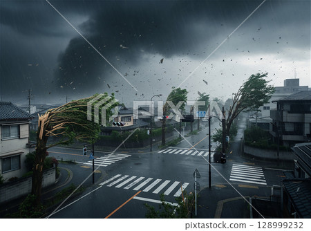 暴風雨肆虐：狂風暴雨，街道樹木和住宅路口傾斜 128999232
