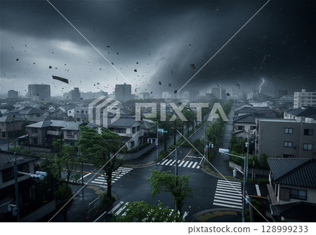 暴風雨肆虐：狂風暴雨，街道樹木和住宅路口傾斜 128999233