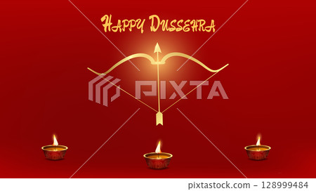 Indian Happy Holiday of Dushehra Dussehra poster with bow and arrows. Template Social Media web design postcard. Vector illustration. Indian Happy Holiday of Dushehra Dussehra poster with bow and arrows. Template Social Media web design postcard. Vector illustration. 128999484