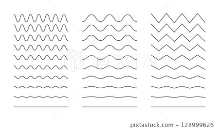 Vector zigzag and wavy horizontal underline. Set of waves line. Wavy lines set. Wave thin line background. Wave ornament pattern. 128999626