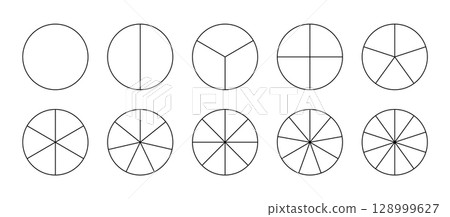 Template of pie chart. Coaching blank. Segmented charts. Sectors divide the circle on equal parts. Parts of diagram wheel from 1 to 10. Outline black graphics. Pie charts, pizza charts set. Segments Template of pie chart. Coaching blank. Segmented charts. Sectors divide the circle on equal parts. Parts of diagram wheel from 1 to 10. Outline black graphics. Pie charts, pizza charts set. Segments 128999627
