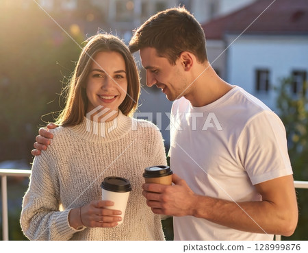 Couple Enjoying Coffee on a Balcony at Sunset- Generative AI 128999876