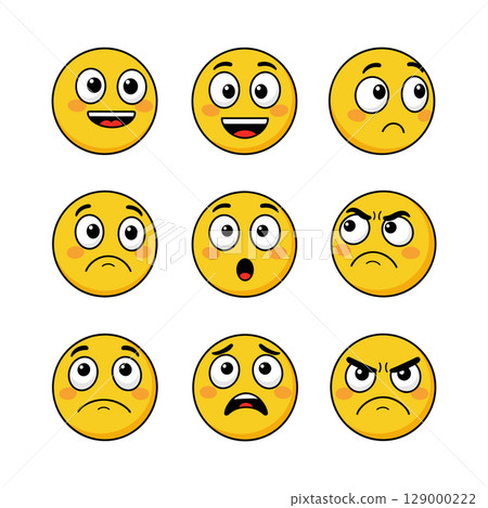 Funny yellow emoticons in various points of view on white background Funny yellow emoticons in various points of view on white background 129000222