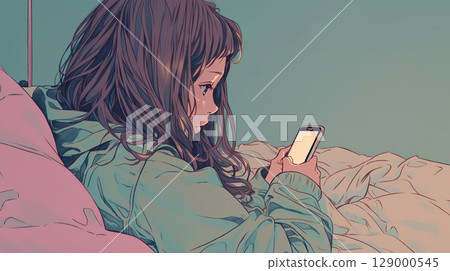 一名婦女在床上的看一個智能手機 一名婦女在床上的看一個智能手機 129000545