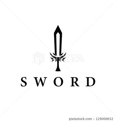 Simple minimalist sword logo design with cool black silhouette, sword weapon tool illustration symbol template icon Simple minimalist sword logo design with cool black silhouette, sword weapon tool illustration symbol template icon 129000652