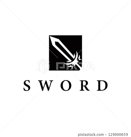 Simple minimalist sword logo design with cool black silhouette, sword weapon tool illustration symbol template icon Simple minimalist sword logo design with cool black silhouette, sword weapon tool illustration symbol template icon 129000659