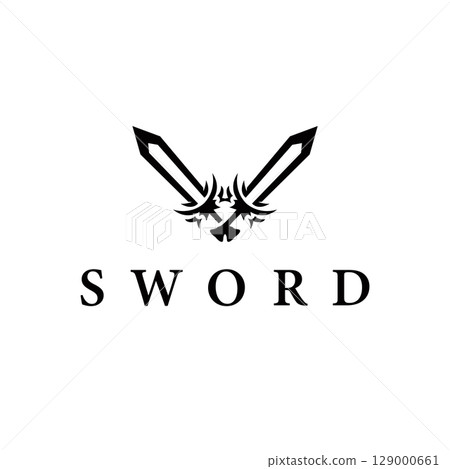Simple minimalist sword logo design with cool black silhouette, sword weapon tool illustration symbol template icon Simple minimalist sword logo design with cool black silhouette, sword weapon tool illustration symbol template icon 129000661