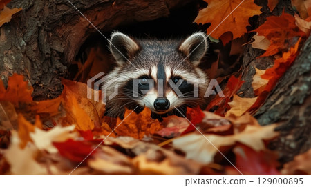 A raccoon is peeking out from under some leaves A raccoon is peeking out from under some leaves 129000895