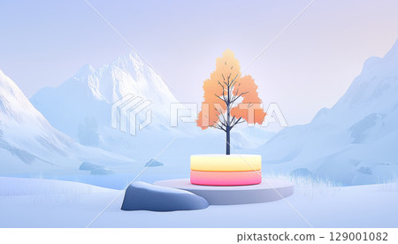 serene winter landscape featuring colorful tree on circular platform, surrounded by snow covered mountains and tranquil lake 129001082
