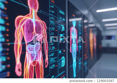 colorful flowchart of human anatomy displayed digital screens, showcasing various body systems and functions modern setting colorful flowchart of human anatomy displayed digital screens, showcasing various body systems and functions modern setting 129001087