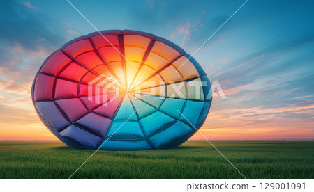 colorful pie chart shaped hot air balloon in vibrant sunset sky 129001091