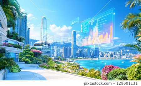 futuristic cityscape with augmented reality data displays, showcasing vibrant greenery and stunning coastal view futuristic cityscape with augmented reality data displays, showcasing vibrant greenery and stunning coastal view 129001131