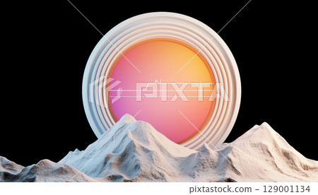 futuristic circular chart spins above mountain landscape, creating surreal atmosphere 129001134