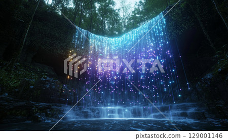 glowing chart overlay projected onto waterfall creates mesmerizing scene. vibrant colors illuminate cascading water glowing chart overlay projected onto waterfall creates mesmerizing scene. vibrant colors illuminate cascading water 129001146
