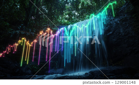 glowing chart overlay projected onto waterfall in lush forest. vibrant colors create mesmerizing visual effect glowing chart overlay projected onto waterfall in lush forest. vibrant colors create mesmerizing visual effect 129001148
