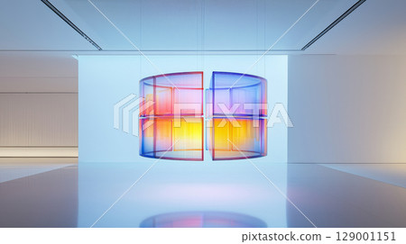 glowing circular diagram suspended in minimalist gallery space, showcasing vibrant colors and modern design 129001151