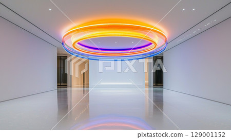 glowing circular diagram suspended in minimalist gallery space, showcasing vibrant colors and modern design 129001152