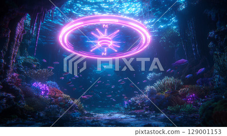 glowing compass spins in vibrant underwater scene filled with colorful corals and fish 129001153
