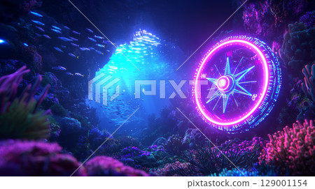 glowing compass spins in vibrant underwater scene filled with colorful coral and fish 129001154