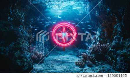 glowing compass spins in deep underwater, surrounded by fish and coral 129001155