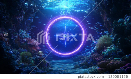 glowing compass spins in vibrant underwater scene filled with colorful corals and fish 129001156