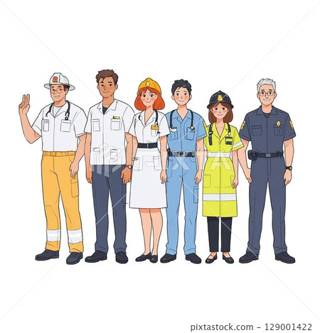 Six professionals in various uniforms (white background) 129001422