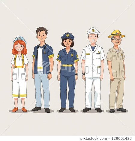 Five professionals wearing different uniforms (white background) Five professionals wearing different uniforms (white background) 129001423