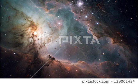 The image showcases a celestial nebula, revealing vast clouds of gas and dust illuminated by the radiant glow of stars, presenting a breathtaking cosmic 129001484
