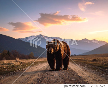 A bear wandering along a mountain path at dusk - AI-generated image 129001574