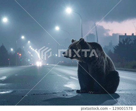 AI-generated image of a bear coming into a city and sitting on the road 129001578