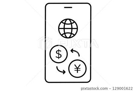 Simple line icon of smartphone app for foreign currency remittance, black and white 129001622