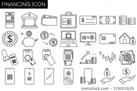 一套 28 個金融圖標，簡單的線條藝術等距插圖，黑白 129001626