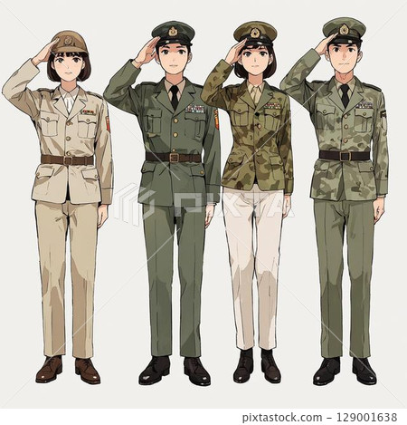 日本自衛隊人員敬禮,制服變化(白色背景) 日本自衛隊人員敬禮,制服變化(白色背景) 129001638