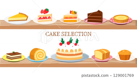 各種蛋糕和甜點的向量插圖圖示集合（盤子和蛋糕，分開） 129001769