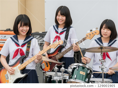 A touching moment when a band of schoolgirls in uniforms plays music reminiscent of youth 129001905